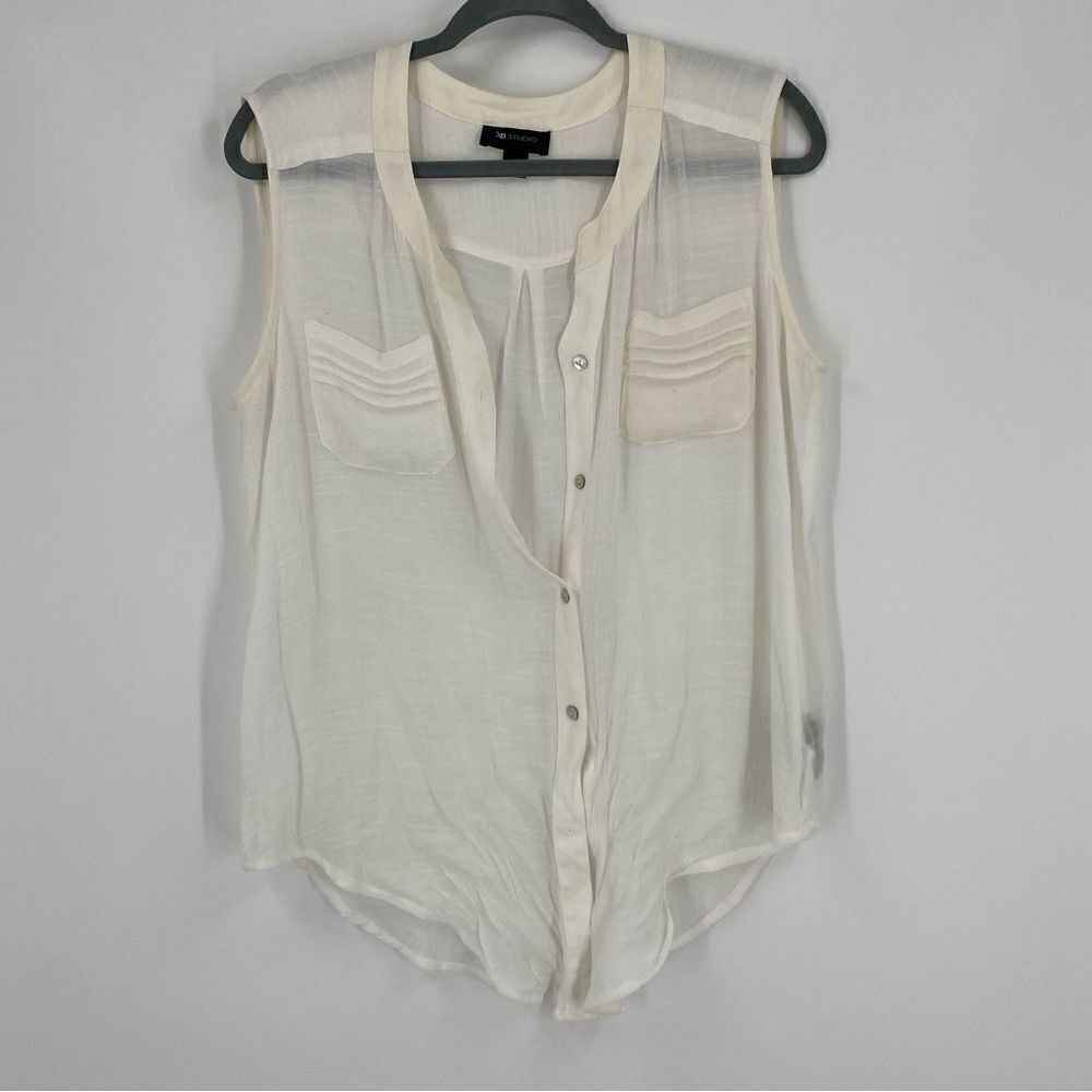 AB Studio Women’s Sleeveless Button Front White Sheer Blouse size L